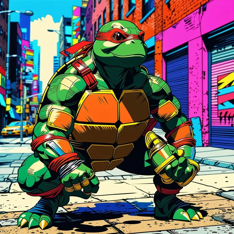 Vibrant Pop Art Ninja Turtle in Urban Setting – Dynamic Digital Illustration