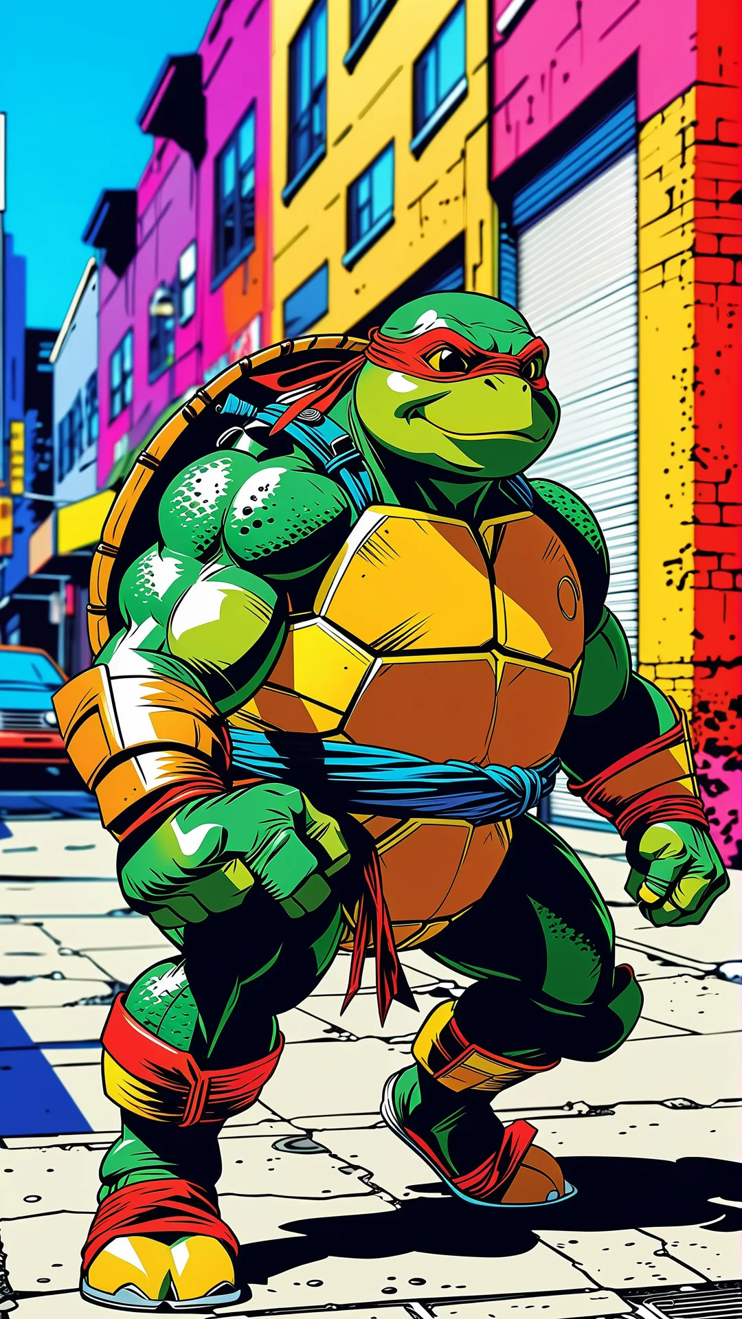 Vibrant Pop Art Ninja Turtle in Urban Setting - Dynamic Digital Illustration