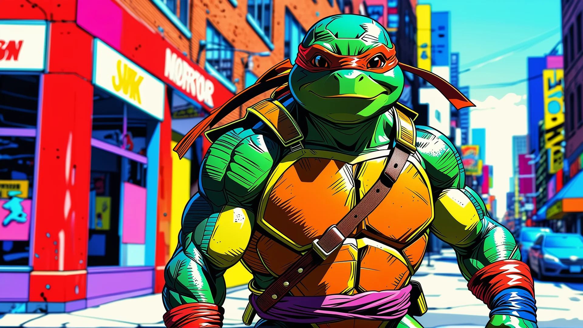 Vibrant Pop Art Ninja Turtle in Urban Setting - Dynamic Digital Illustration