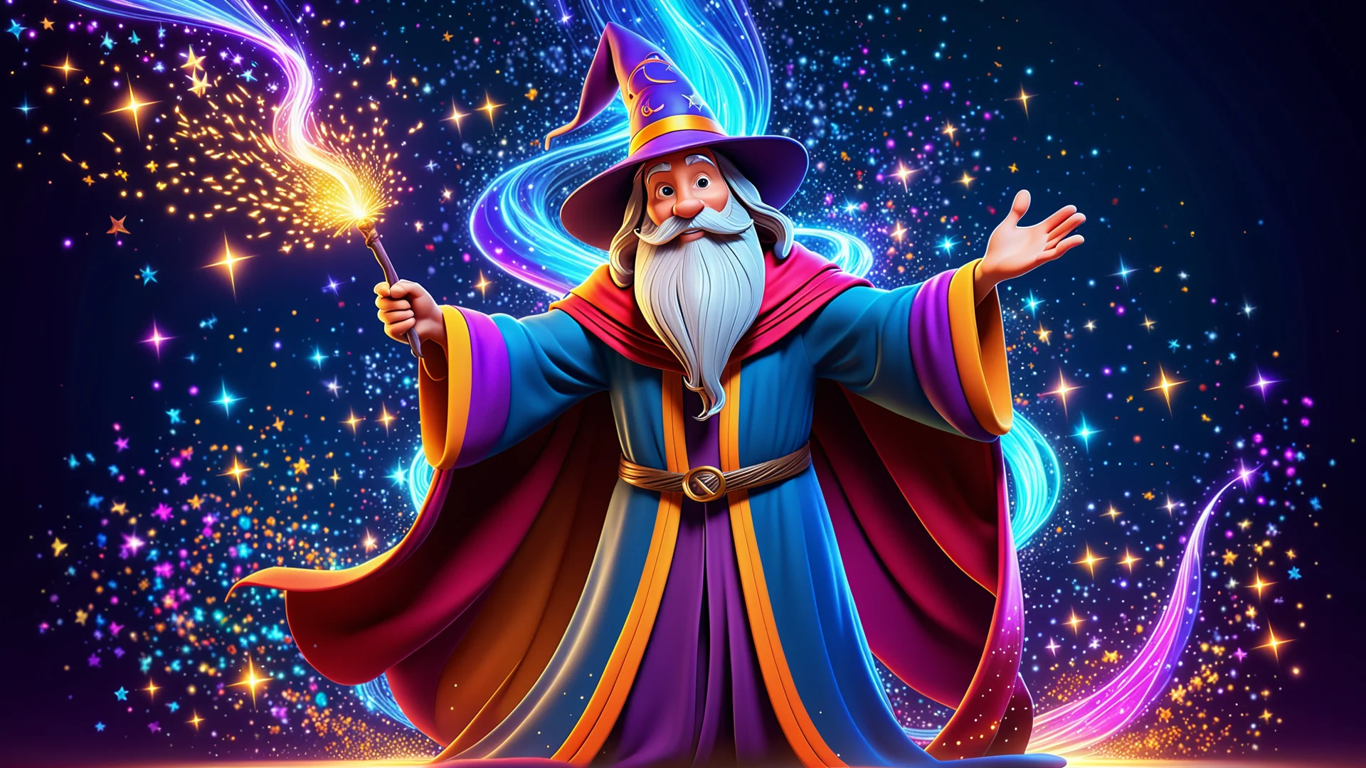 Enchanting Cartoon Wizard Casting Spells in Vibrant Colors