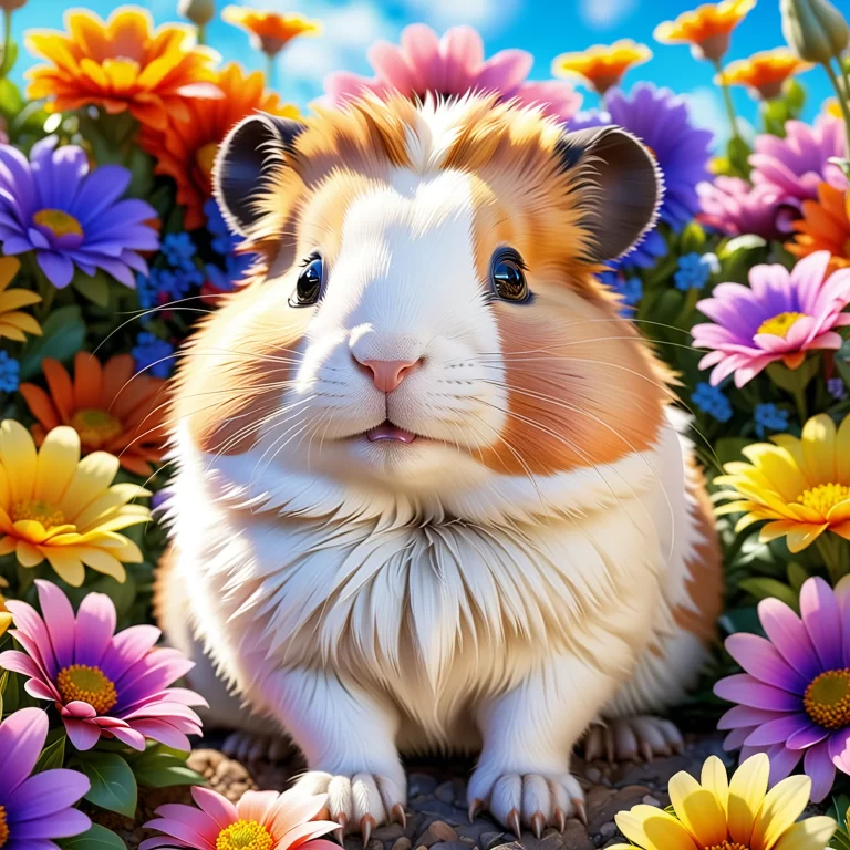 Adorable Anime Cavia Porcellus Surrounded by Colorful Flowers