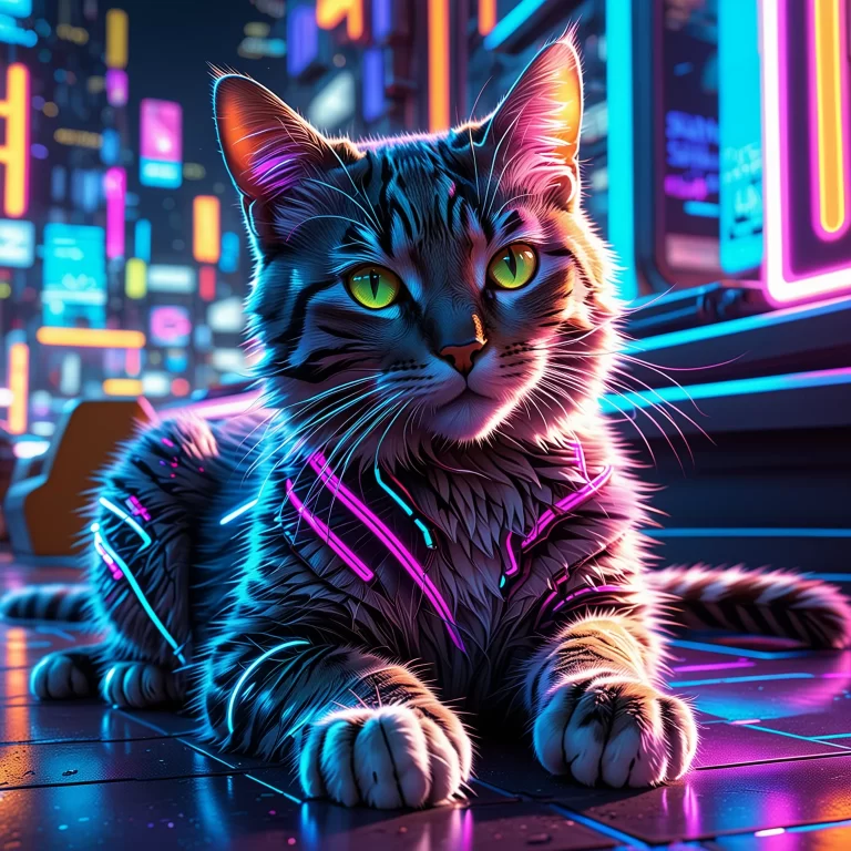 Adorable Neon Kitty in Futuristic Cyberpunk Urban Setting