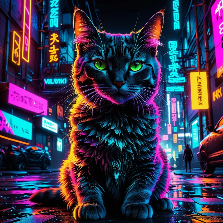 Vibrant Neon Cat in Dark Urban Cyberpunk Art