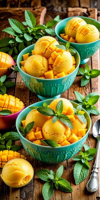 Indulge in this vibrant mango sorbet, perfectly garnished with fresh mint. A refreshing summer treat that delights the senses!...