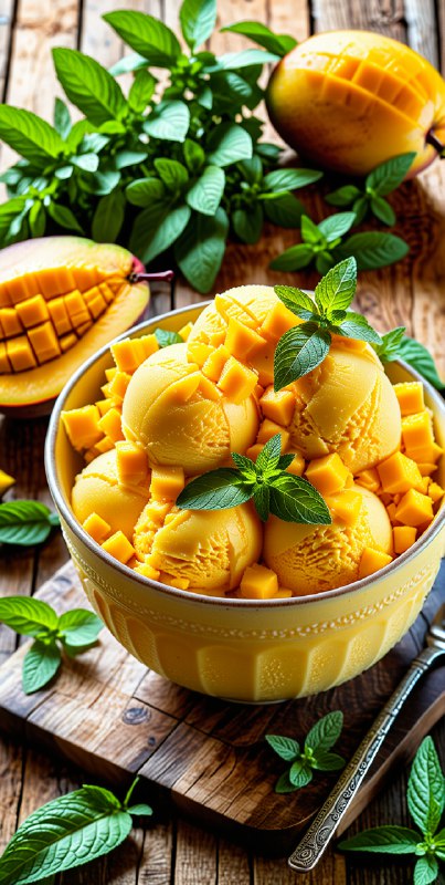 Indulge in this vibrant mango sorbet, perfectly garnished with fresh mint. A refreshing summer treat that delights the senses!…