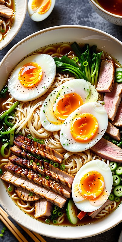 Indulge in this culinary masterpiece: a steaming bowl of ramen with tender pork, vibrant scallions, and a perfectly soft-boiled …