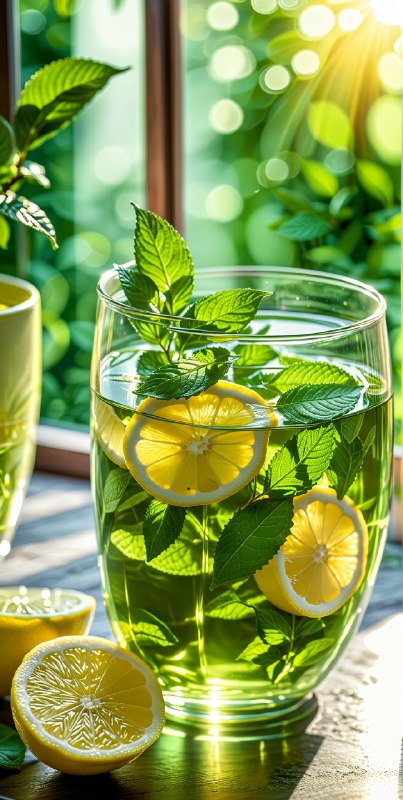 Sipping on vibrant green tea with lemon and mint, illuminated by warm sunlight. A refreshing moment captured in stunning detail….