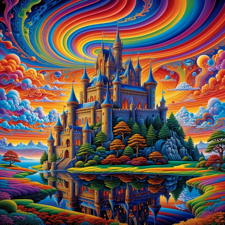 Vibrant Psychedelic Castle: Surreal Art by Alex Grey & H. R. Giger