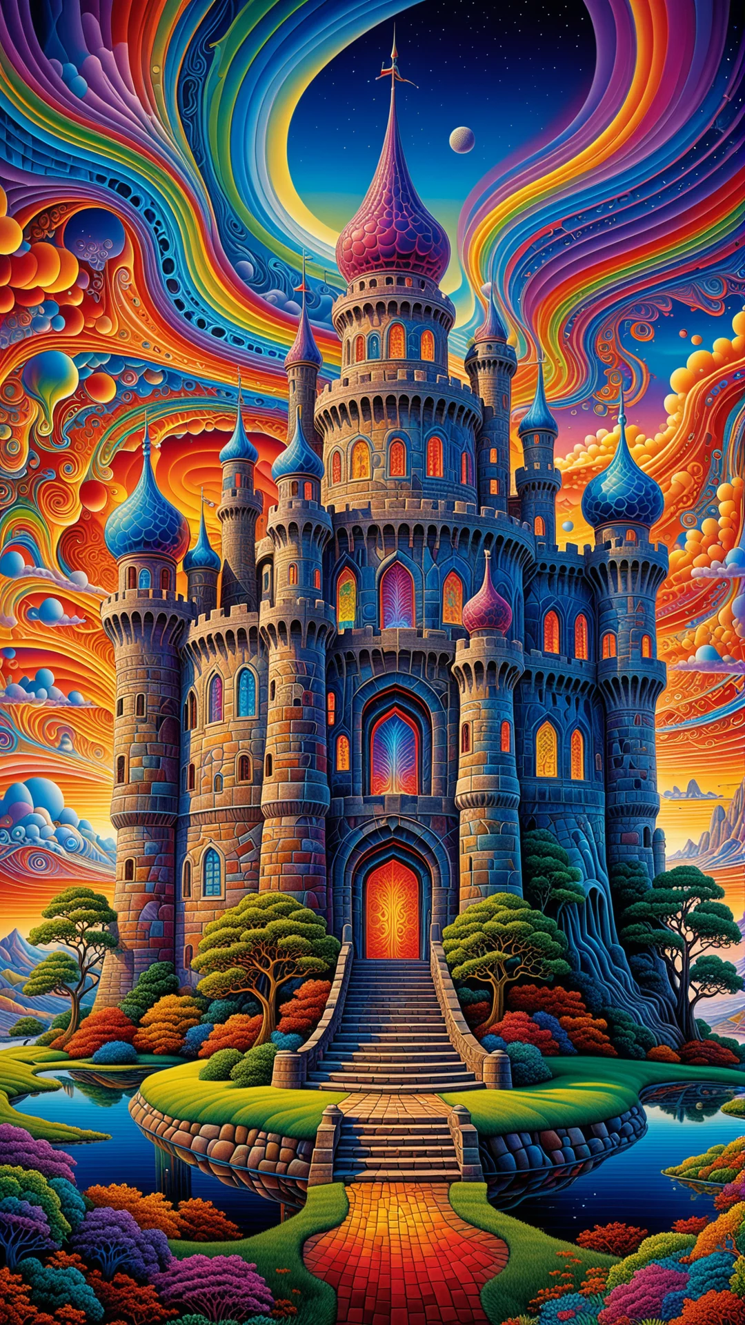 Vibrant Psychedelic Castle: Surreal Art by Alex Grey & H. R. Giger