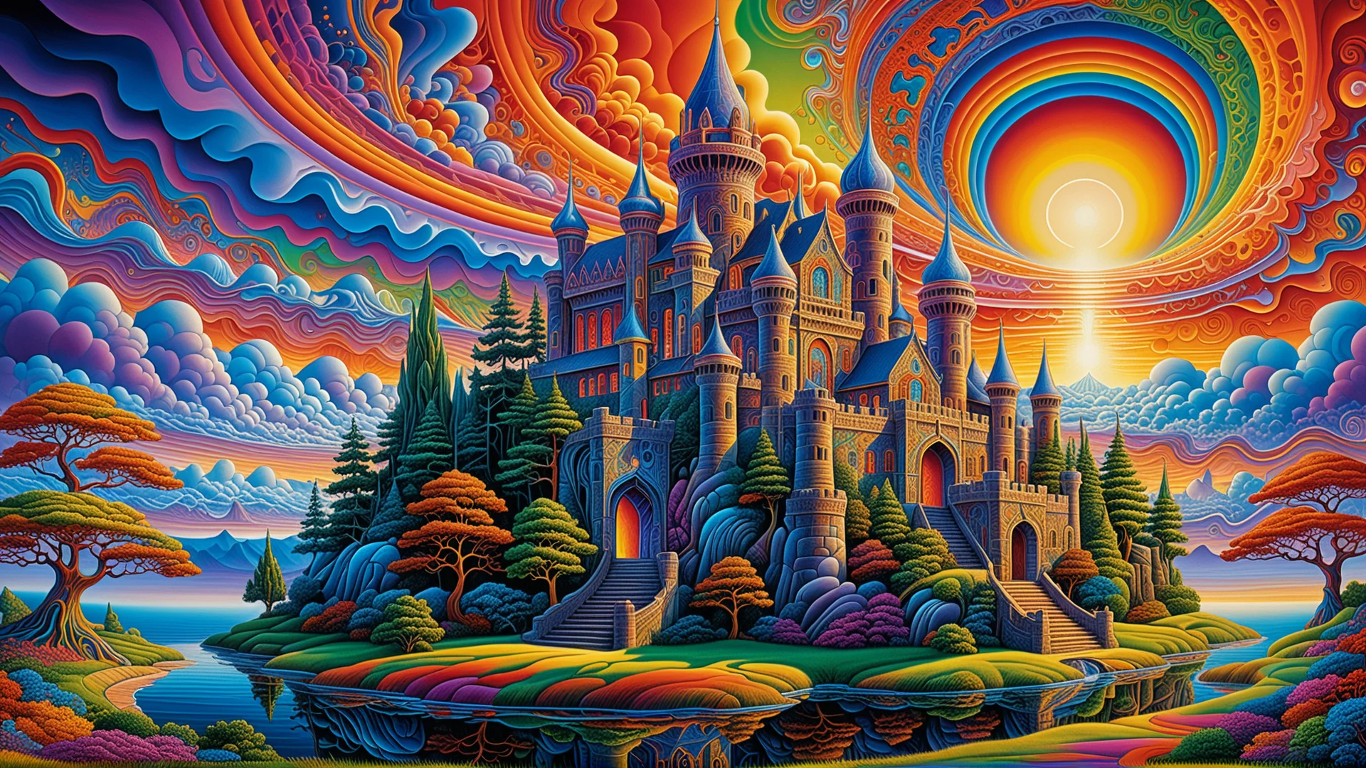 Vibrant Psychedelic Castle: Surreal Art by Alex Grey & H. R. Giger