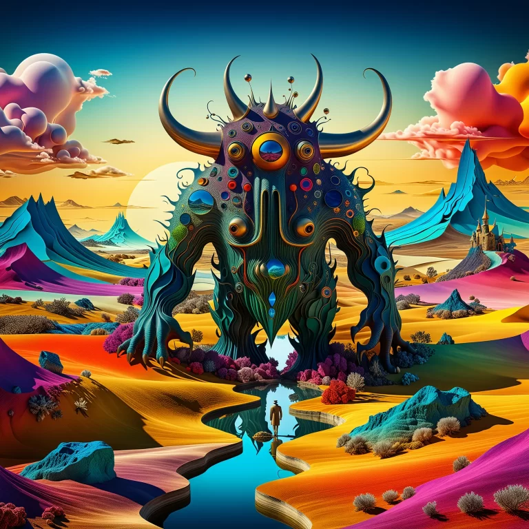 Surreal Monster Emerges from Dreamlike Landscape: A Colorful Fantasy