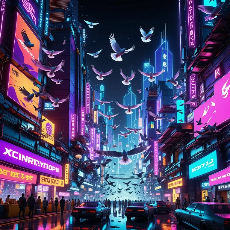 Vibrant Neon Cyberpunk Cityscape with Glowing Pigeons