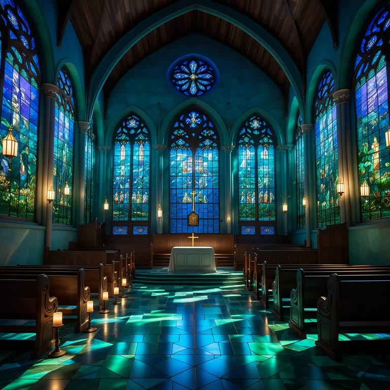 Ethereal Church Interior in Serene Blue and Green Tones