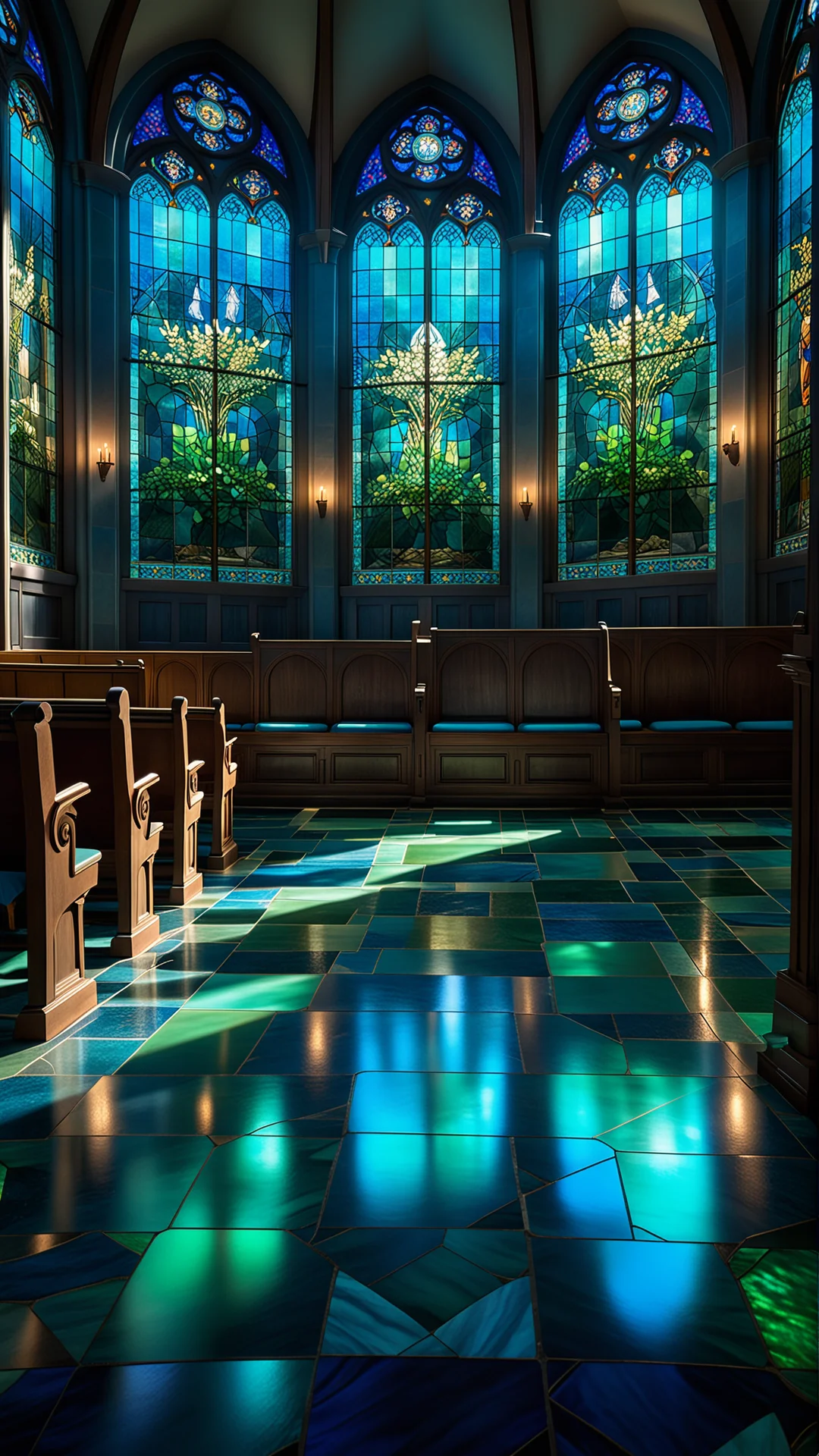 Ethereal Church Interior in Serene Blue and Green Tones