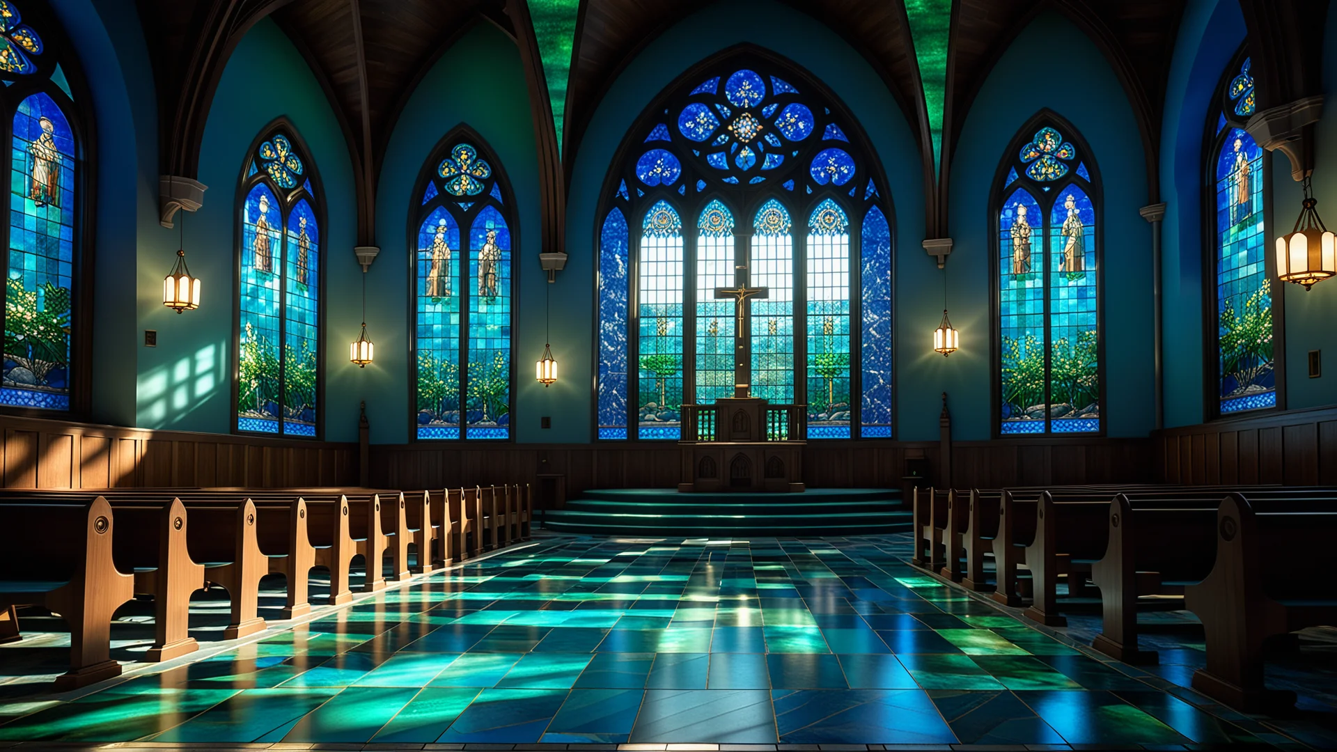 Ethereal Church Interior in Serene Blue and Green Tones