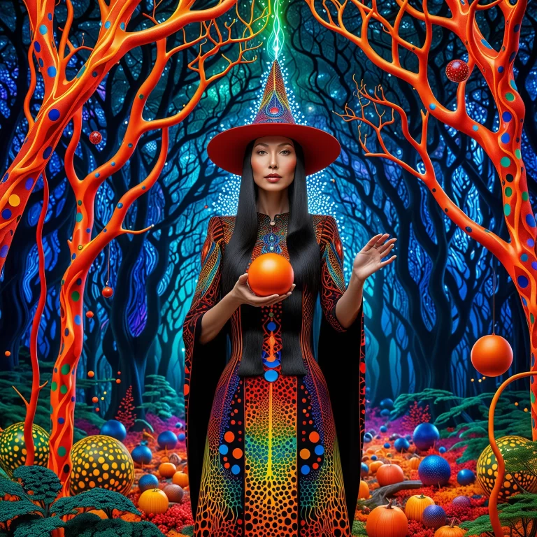 Vibrant Modern Art: Enchanting Witch in an Abstract Forest