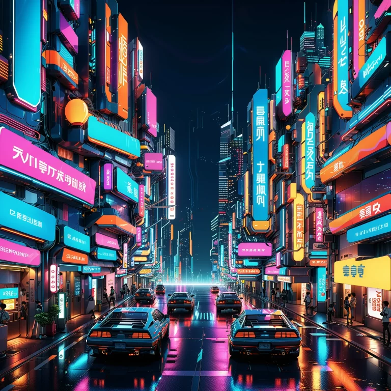 Futuristic Cityscape: Vibrant Neon Anime-Inspired Vector Art