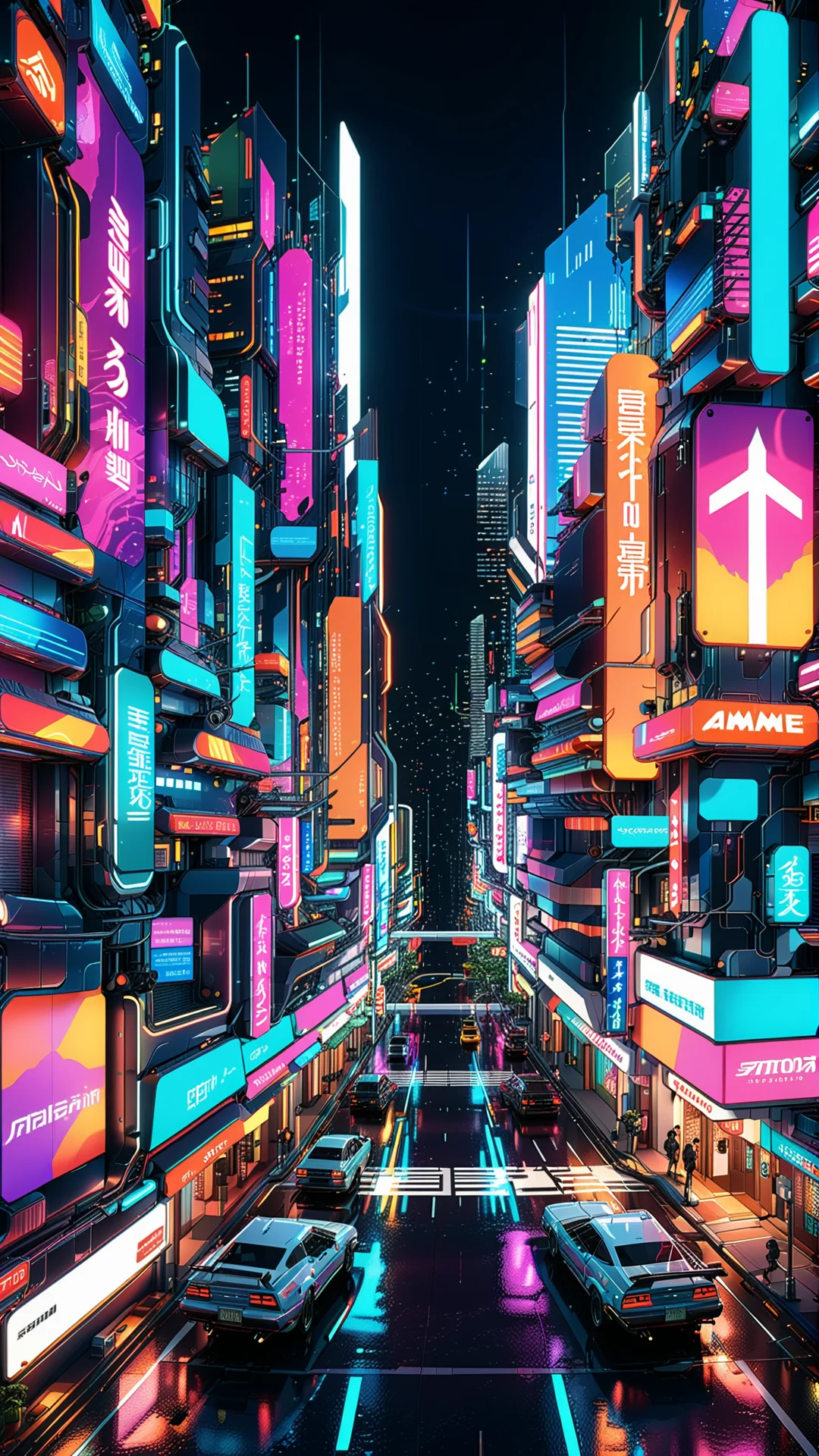 Futuristic Cityscape: Vibrant Neon Anime-Inspired Vector Art