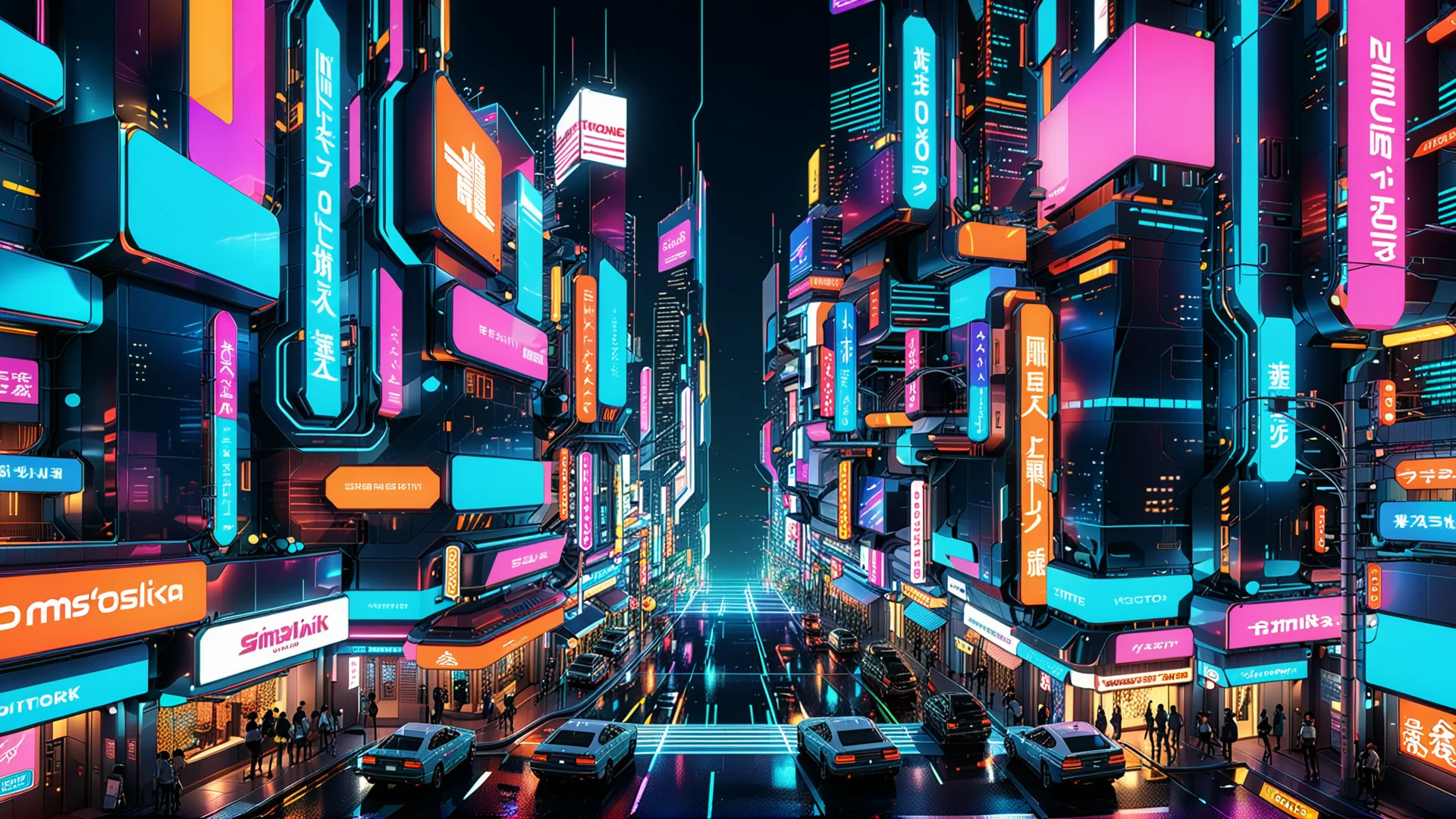 Futuristic Cityscape: Vibrant Neon Anime-Inspired Vector Art