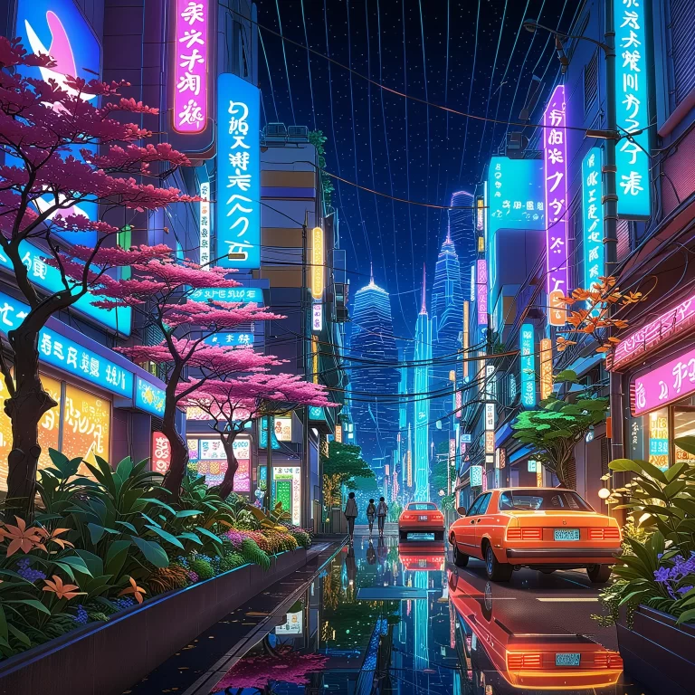 Enchanting Neon Cityscape with Ovis Ammon: A Whimsical Love Story