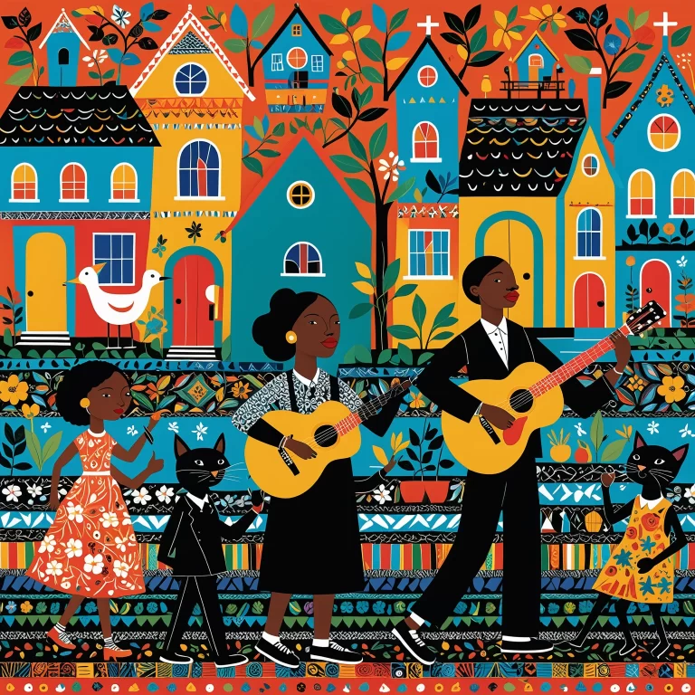 Whimsical AI Art: Vibrant Folk Punk Characters in Bold Designs