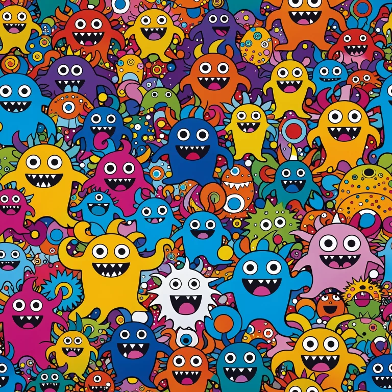 Whimsical Wall Art: Colorful Monsters in an Abstract Landscape