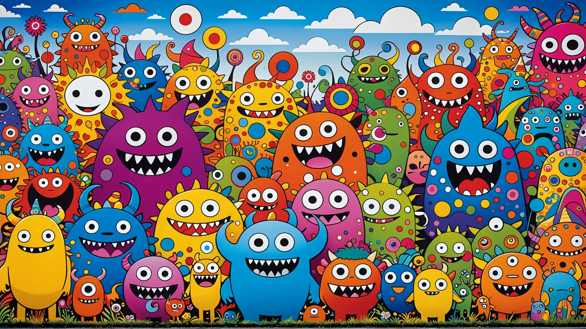 Whimsical Wall Art: Colorful Monsters in an Abstract Landscape