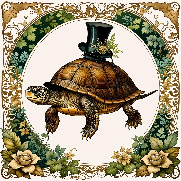 Whimsical Victorian Turtle Illustration in Lush Flora