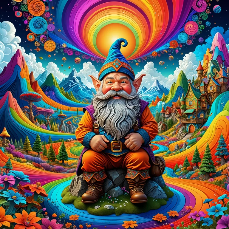 Whimsical Dwarf in a Vibrant, Psychedelic Landscape