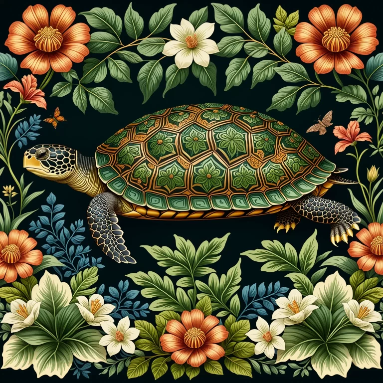 Victorian Turtle Illustration: Ornate Design in Lush Foliage