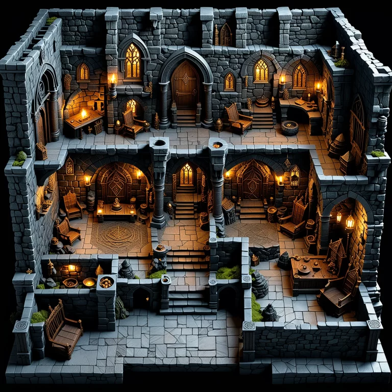 Evil Dwarf Lair: Intricate Architectural Layout in Dark Fantasy Style