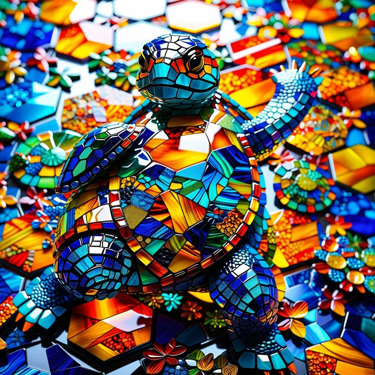 Vibrant Glass Mosaic Turtle Ninja Art in 8K Resolution