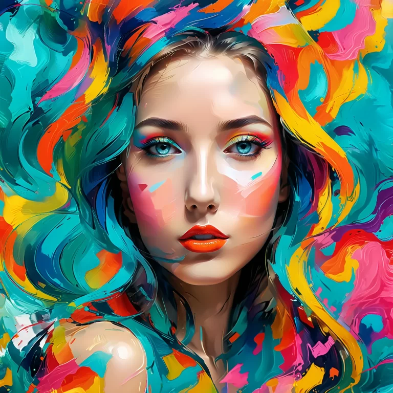 Vibrant Modern Art Portrait of a Beautiful Girl in Surreal Style