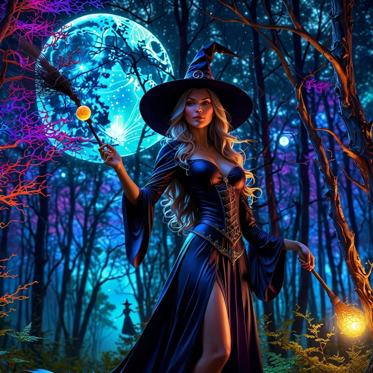 Enchanting Witch Casting Spells Under a Moonlit Sky