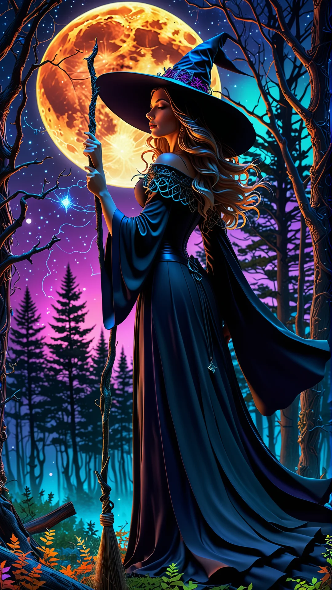 Enchanting Witch Casting Spells Under a Moonlit Sky