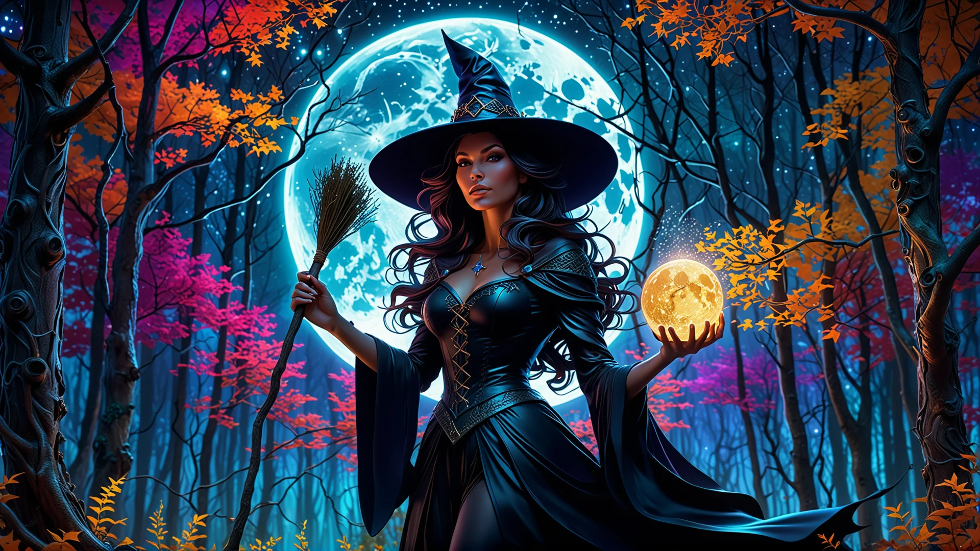 Enchanting Witch Casting Spells Under a Moonlit Sky