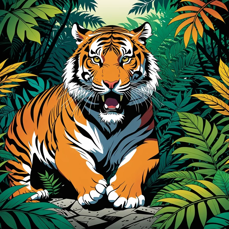 Vibrant Comic Style Tiger Illustration in Lush Jungle Scene