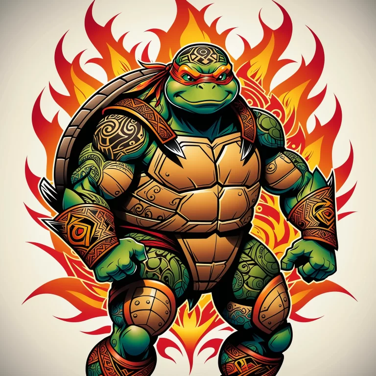 Intricate Tattoo Art: Ninja Turtle with Flames & Tribal Motifs