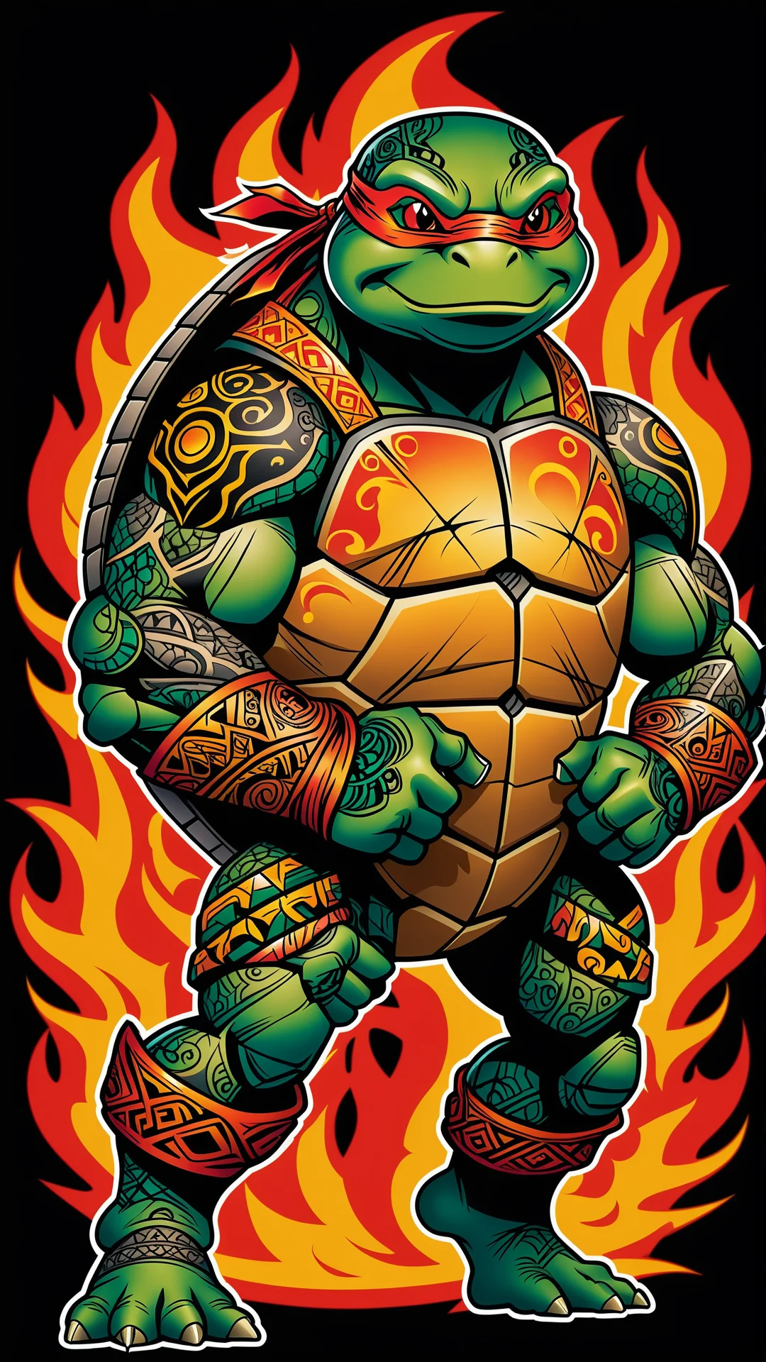 Intricate Tattoo Art: Ninja Turtle with Flames & Tribal Motifs