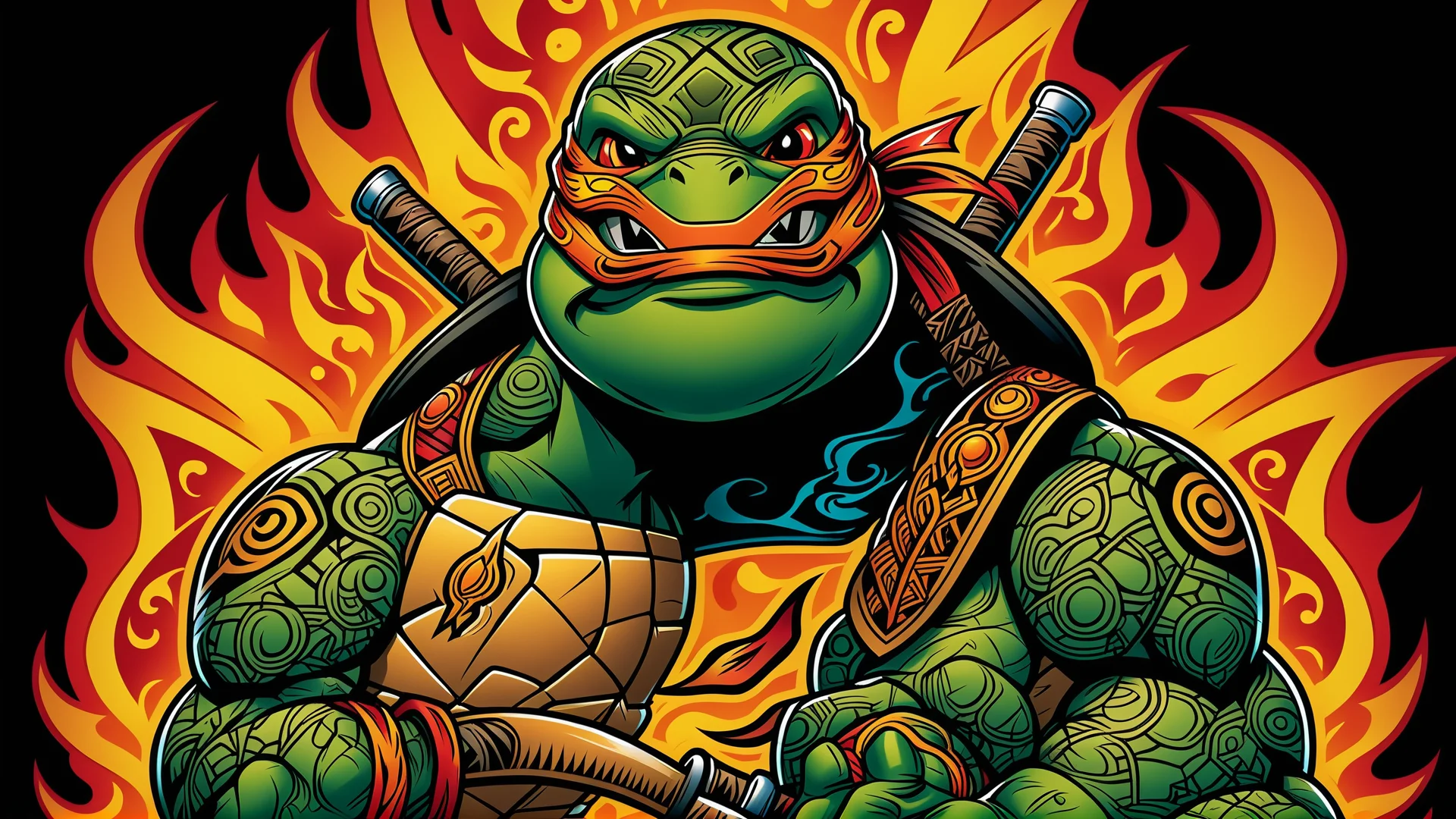 Intricate Tattoo Art: Ninja Turtle with Flames & Tribal Motifs