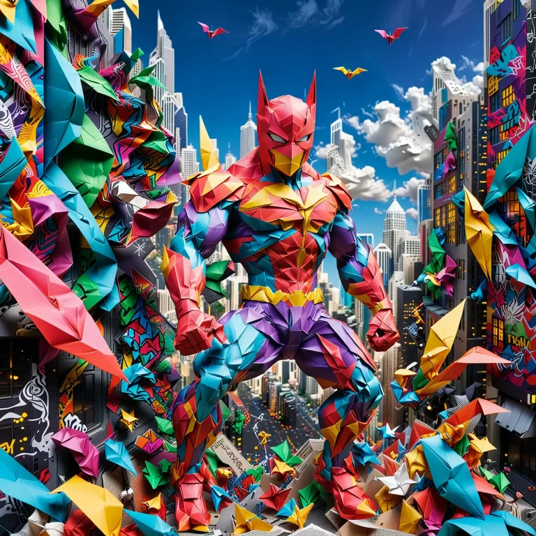 Origami Superhero: A Vibrant Urban Art Scene in 8K