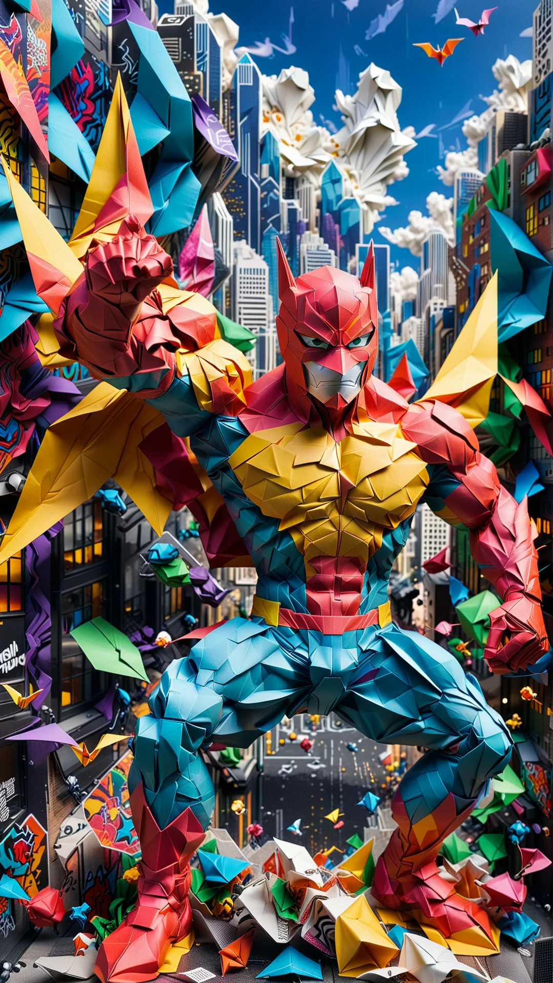 Origami Superhero: A Vibrant Urban Art Scene in 8K