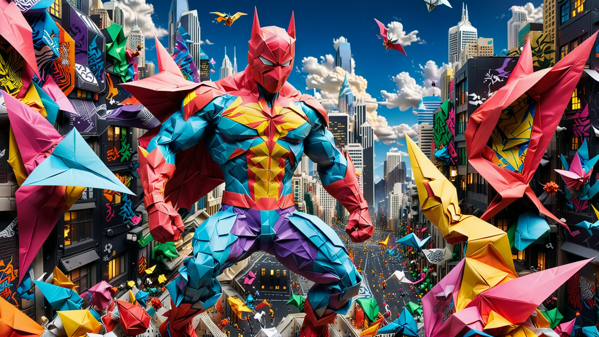 Origami Superhero: A Vibrant Urban Art Scene in 8K