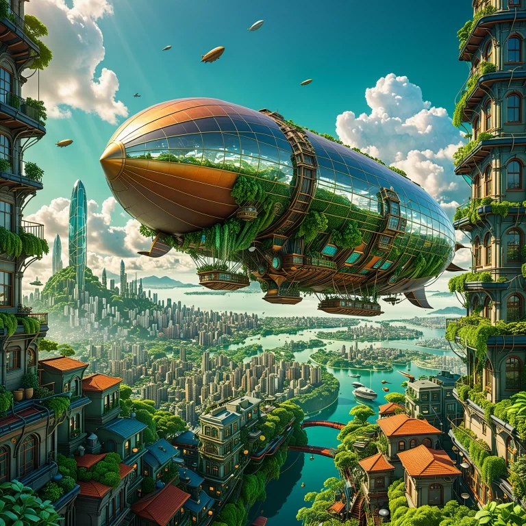 Futuristic Airship Over Lush Cityscape: Surreal Art in 8K Resolution