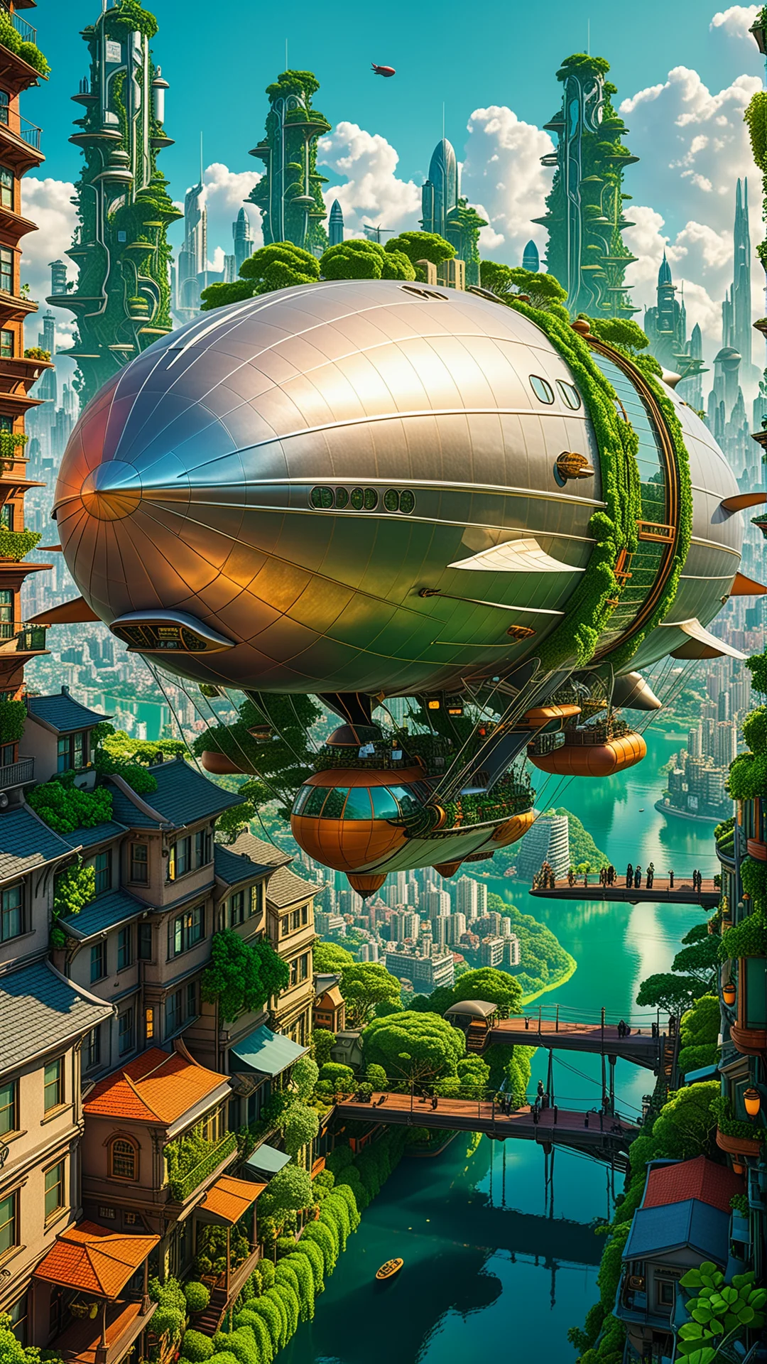 Futuristic Airship Over Lush Cityscape: Surreal Art in 8K Resolution