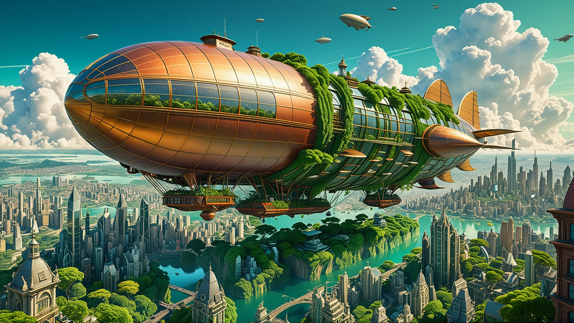 Futuristic Airship Over Lush Cityscape: Surreal Art in 8K Resolution