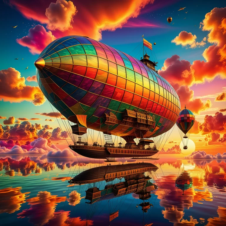 Surreal Geometric Airship in a Vibrant Sunset Sky