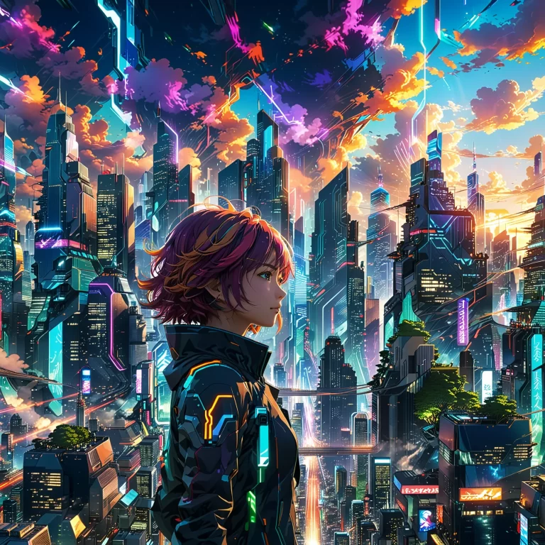 Futuristic Anime City Skyline: Vivid Art Inspired by Amano & Shinkai