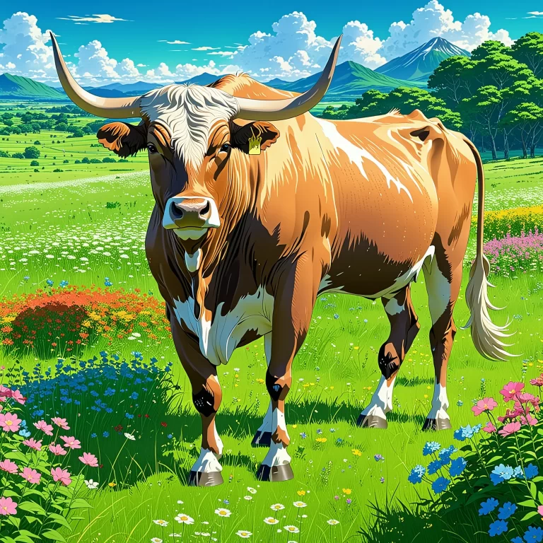 Captivating Anime Artwork of a Beautiful Bos Taurus in a Meadow