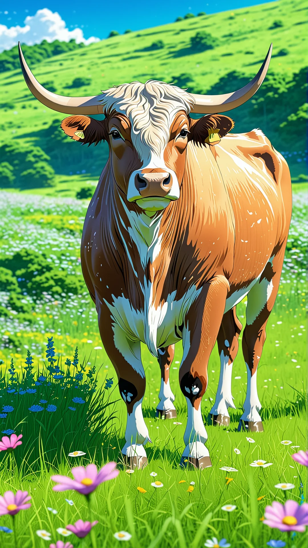 Captivating Anime Artwork of a Beautiful Bos Taurus in a Meadow